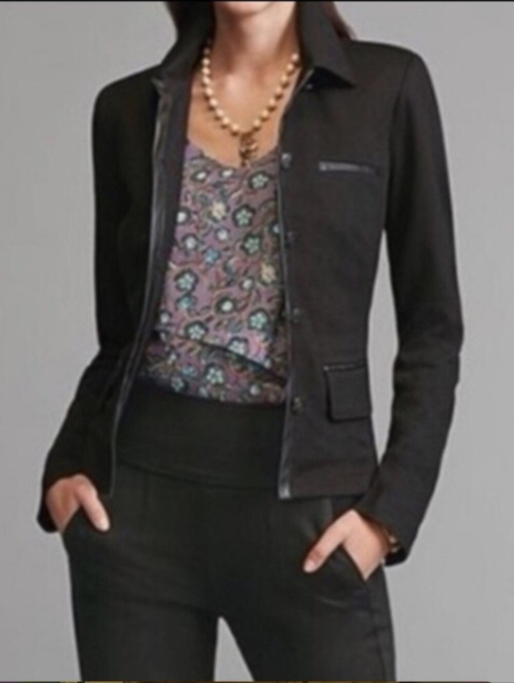 Cabi "Tudor" Jacket Faux Leather Trim tailored,black ponte knit Sz Large New